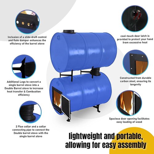 Double Oil Barrel Stove Kit – Fits 30 to 55 Gallon Drum Fireplace Kit, Steel Camping Stove Kit W/Stove Door & Grate – DIY Barrel Stove for Garage Heater in Winter Cabins, Workshops & Off-Grid Space