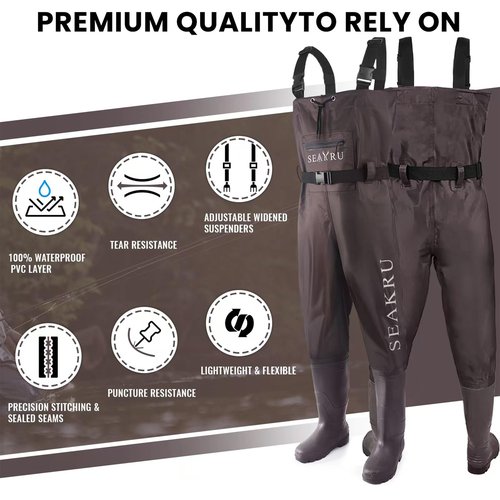 SEAKRU Waders for Men, Fishing Chest Waders Waterproof with Boots, 2-ply Nylon/PVC Waders for Women with Boot Hanger