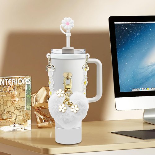 Stanley Tumbler Cup Accessories Set - 20oz, 30oz, 40oz With Silicone Straw Cover, Water Bottle Handle Strap, Charms, Silicone Cup Boot (White)