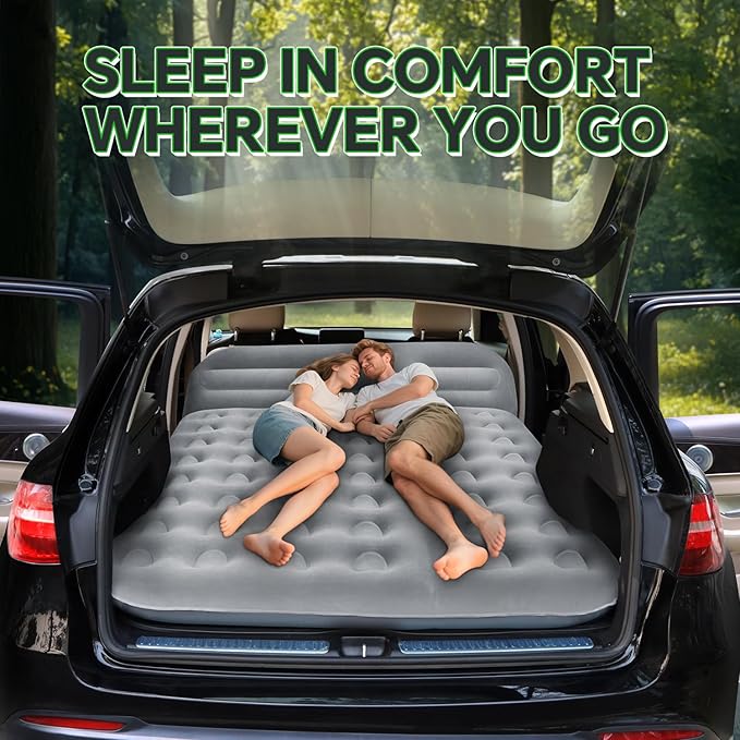 SUV Air Mattress， Thickened Flocked Camping Bed for Car Trunk & Back Seat ， Includes Electric Pump & 2 Foot Pedals ， Portable Inflatable car Mattress (Gray)