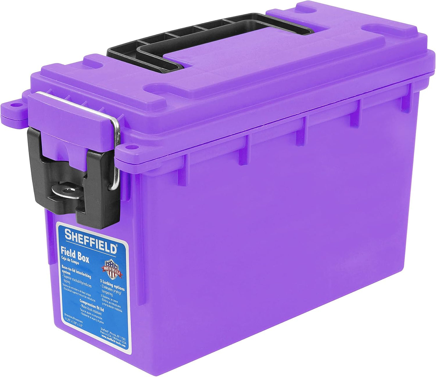 Sheffield 12629 Ammo Storage Box, Stackable .30 Cal Field Boxes, Water and Dust Resistant, Lockable Storage Box with Handle, Secures Hunting Gear, Supplies, and Bullets, Made in USA, Black, 1-Pack