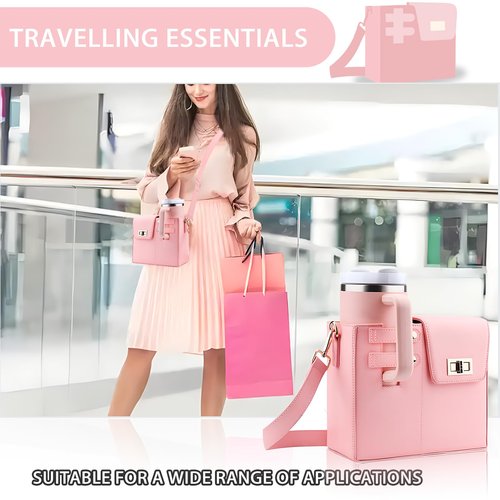 Outdoor Portable Crossbody Water Cup Storage Bag Crossbody Cup Holder Bag Multifunctional Leather Water Bottle Holder with Adjustable Shoulder Strap (Pink)