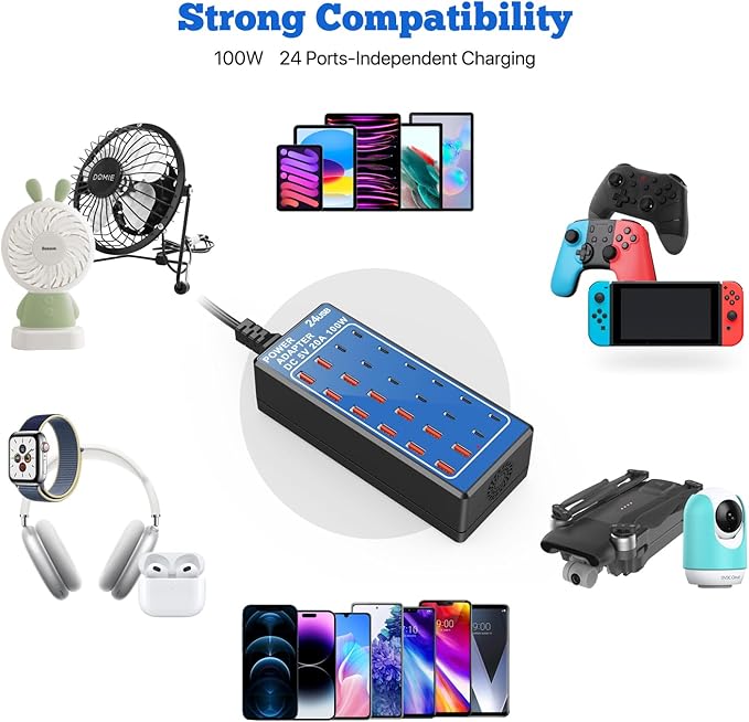 USB C Charger Block, Multi Charging Station, 100W (20A) 24 Port USBC Charging Port for iPhone Samsung Pixel LG Watch,Pad,Speakers,Headphones,PS Compact for Home,Office,Travel