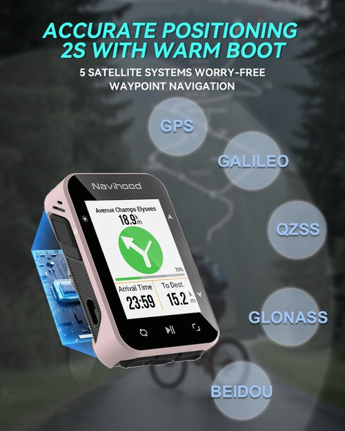 Navihood L2 GPS Bike Computer, 2" Color LCD Wireless Cycling Computer,Bike Speedometer Bluetooth ANT+, IPX7 Waterproof, Auto Backlight, Supports HR/Cadence/Power Sensors(Pink)