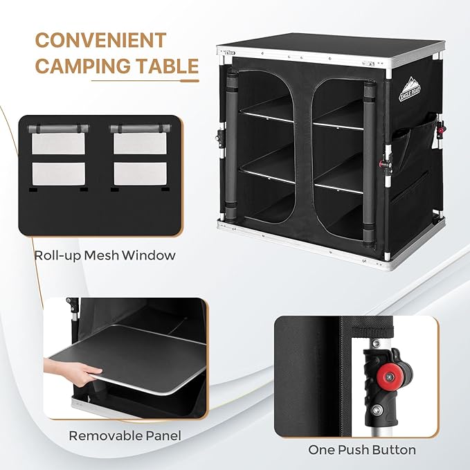 EAGLE PEAK Double Outdoor Folding Camping Table with Large 3-Tier Storage Organizer and Side Pockets, Easy Set Up Portable Aluminum Camping Kitchen, Black