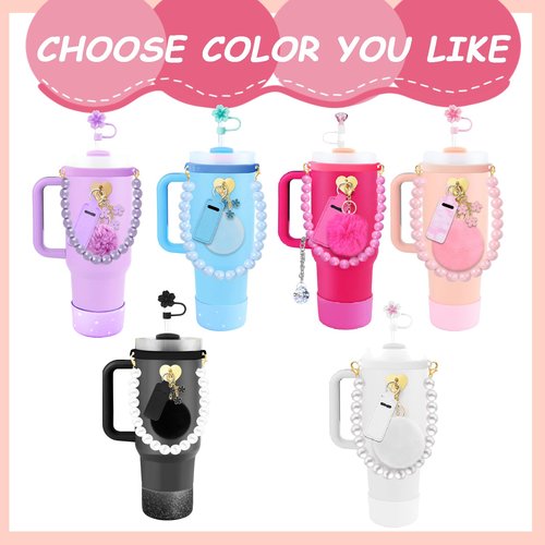 Lestp Accessories Set for Stanley Cup Water Bottle Holder Strap Straw Cover Cap for Stanley Cup Charms Boot Flower Purple Tumbler 30oz 40oz Accessories Cute Silicone Straw Topper Charms Boot Holder