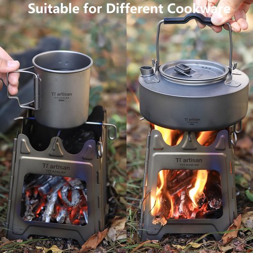 Ti artisan Titanium Wood Burning Stove Foldable Camping Backpacking Stove Portable Wood Alcohol Stove for Outdoor Camping Picnic BBQ