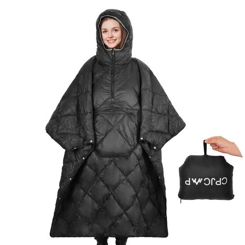CPJCMP Wearable Camping Blanket Honcho Poncho - Stadium Blanket, Sleeping Bag for Adults, Packable Ultralight Warm & Waterproof for Cold Weather,Sports, Outdoor Camping, Hiking - Black