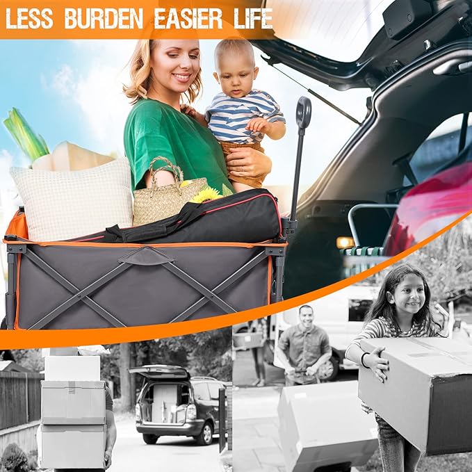 PORTAL Collapsible Folding Wagon, Push Pull Foldable Beach Wagon Cart with All-Terrain Wheels, Heavy Duty Utility Grocery Wagon for Outdoor Camping Garden Sport Shopping, Holds 225 lbs, Grey/Orange