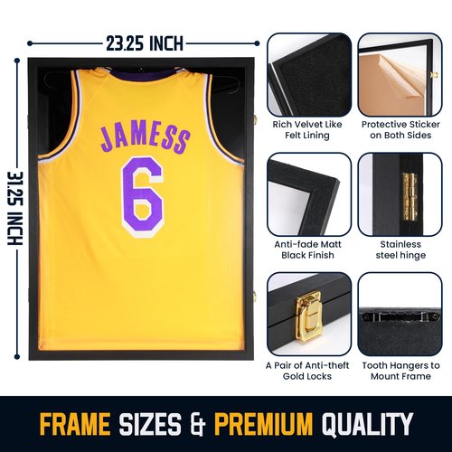 BAIJIALI Jersey Wooden Frame Display Case -Shadow Box with 98% UV Protection Acrylic and Hanger for Baseball Basketball Football Hockey Sport Shirt and Uniform (1)