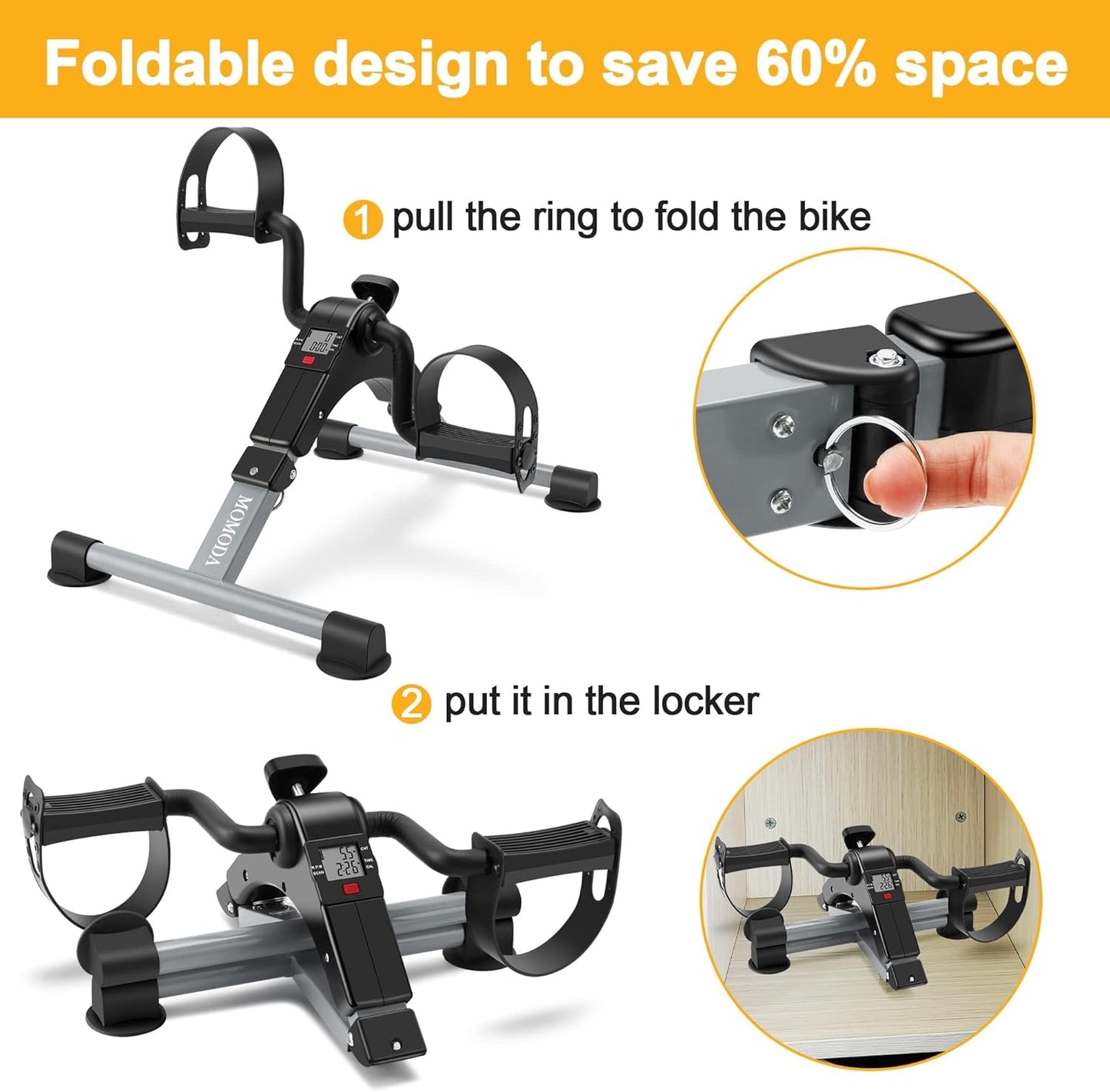 MOMODA Under Desk Pedal Exerciser Mini Bike for Leg/Arm - Foldable Peddler with LCD Display for Home/Office