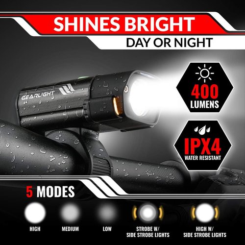 GearLight Rechargeable Bike Light, Bike Headlight and Tail Light Set, Powerful Front and Back Lights for Night Riding Safety, Night Riding Accessories, White Elephant Stocking Stuffer for Men