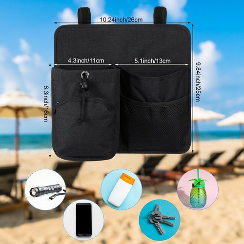 Cosblank Beach Chair Cup Holder Attachment Nylon Chair Drink Holder Phone Water Bottle Holder Organizer 4 Pockets with 2 Self Adhesive Strap for Patio Lounger, Foldable Camping Chair(Black)