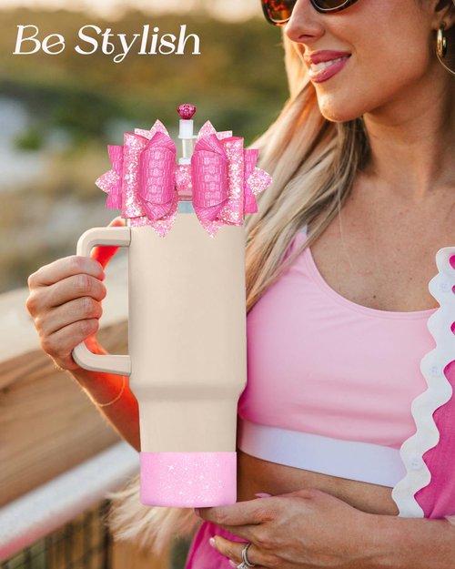 Toykee Cup Boot with Straw Cover for Stanley 40 30 oz - Cute Pink Bow Straw Topper and Diamond Caps with Bottom Protector 3 PCS Sets for Tumbler Accessories