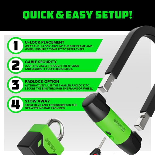 Rhino USA Bike Lock Set - Heavy Duty Anti Theft U Lock, 4FT Steel Security Cable, Padlock, 4 Lighted Keys. Dual Purpose Locks for EBike, Motorcycle, Electric Scooter, Bicycle