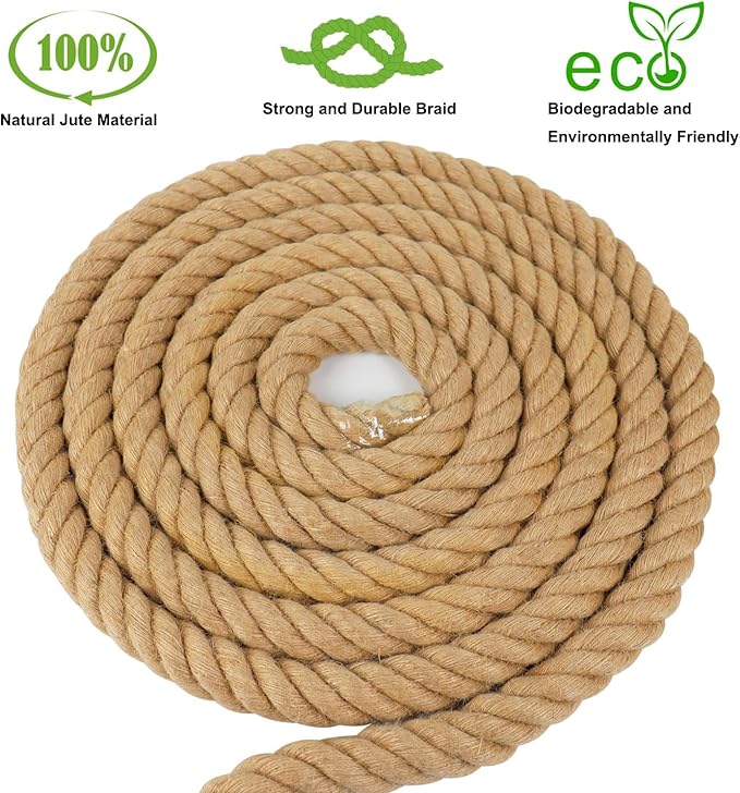 3/4 Inch Natural Jute Rope, 150 Feet Thick Hemp Rope, 4 Strands Twisted Manila for Crafts, Railings, Hammock, Nautical, Home Decorating, Indoor/Outdoor Use