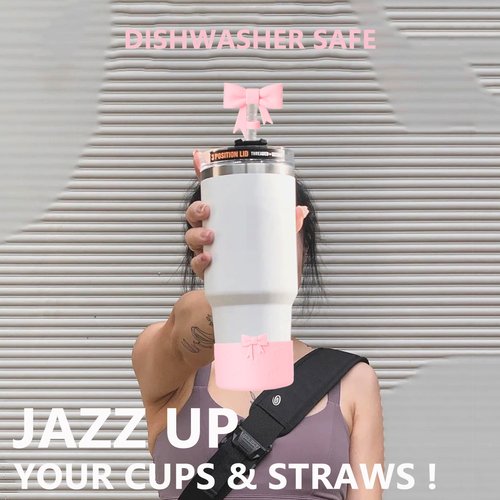 YAYAYOUNG Stanley Cup Accessories Set Including 2Pcs Silicone Bow Straw Covers Cap Toppers for 0.4 in/10mm Straws,2Pcs Silicone-Boots for Stanleys Cups 40oz & 30oz Tumbler(Pink)