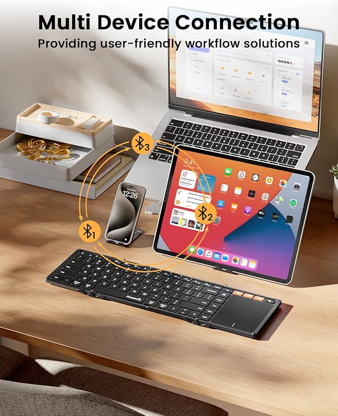 ProtoArc Foldable Keyboard with Touchpad, XK01 TP Folding Portable Keyboard, Full Size Keys, Large Trackpad Bluetooth Travel Keyboards for iPad Laptop PC Tablets -Black