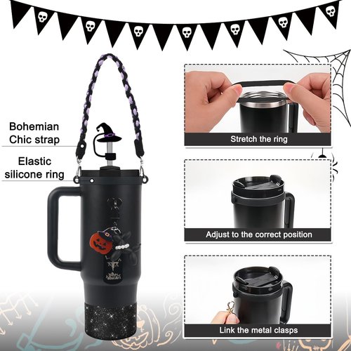 BELSITA Halloween Stanley Cup Accessories Set, Black Pearls Dog Witch Hat Straw Cap Water Bottle Handle Strap, Silicone Stanley Cup Boot, Stanley Charms for Stanley Cup 30/40oz Tumble (7Pcs Dog)