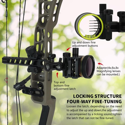 Compound Bow Sight Archery 5-Pin Sight Long Bar - 0.019" Fiber, Aluminum Machined - Support 2X-8X Magnification Sight Lens for Hunting Shooting