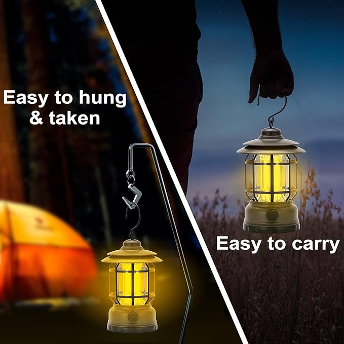 Camping Lanterns Rechargeable, Portable Electric LED Camping Lights Outdoor Hanging Tent Light Vintage Tabletop Lantern Decor Stepless Dimming Waterproof for Camping, Power Outages, Indoor (Green)