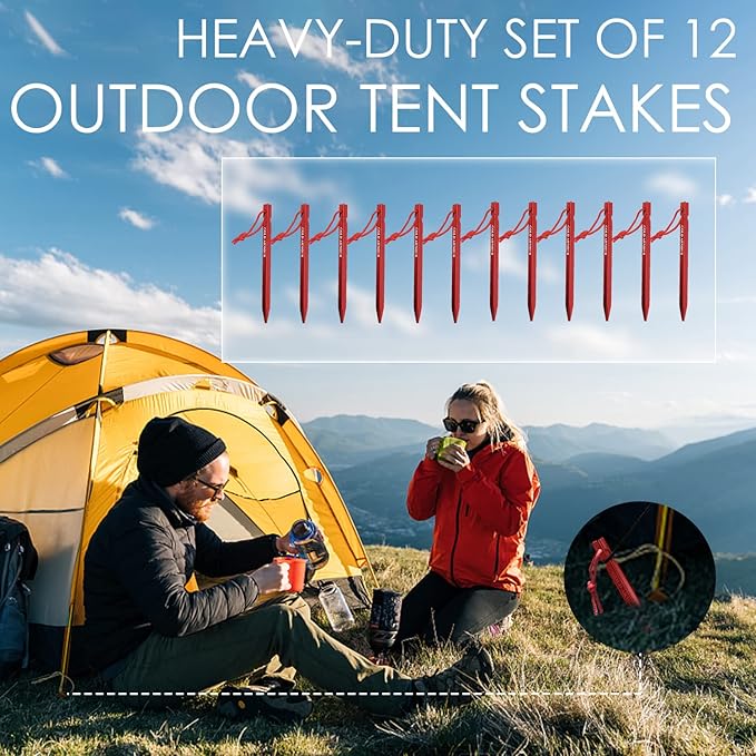 Gold Armour Tent Stakes - 12 Pack Heavy Duty, Lightweight, Camping Stakes Pegs for Outdoor Tent and Tarp, Essential Camping Gear Equipment Accessories (Red)