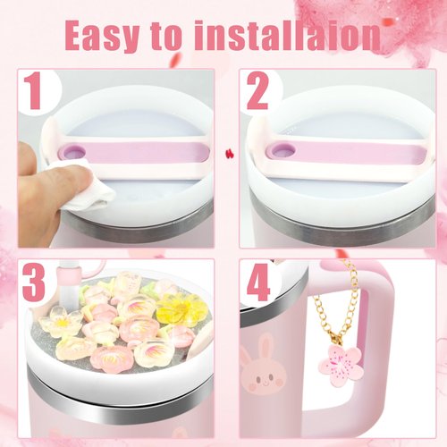 LBU Stanley Cup Lid Accessories for 40oz Tumbler with Handle, Including 1Pc Bling Stanley Lid Topper + 1Pcs Silicone Straw Cover Cap + 1Pcs Handle Charms for Stanley Cup Accessories (Flower)