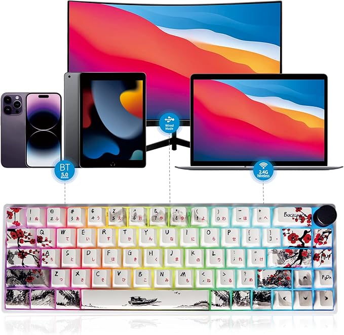 MOLGRIA GK68 68-Key RGB Backlit Gaming Keyboard with Plum Blossom Keycaps, Hot Swappable Yellow Mechinery Switches, Wired and Wireless with Knob Mechanical Keyboard for Win/Mac OS