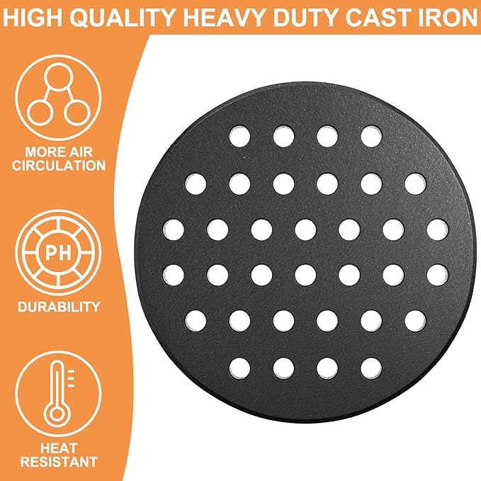 9" Round Cast Iron Bottom Fire Grate for Large Big Green Egg High Heat Charcoal Plate, Accessories for Primo Grill, Vision Grill Replacement Parts VGKSS-CC2 & Other Ceramic Kamado Cooker 18"