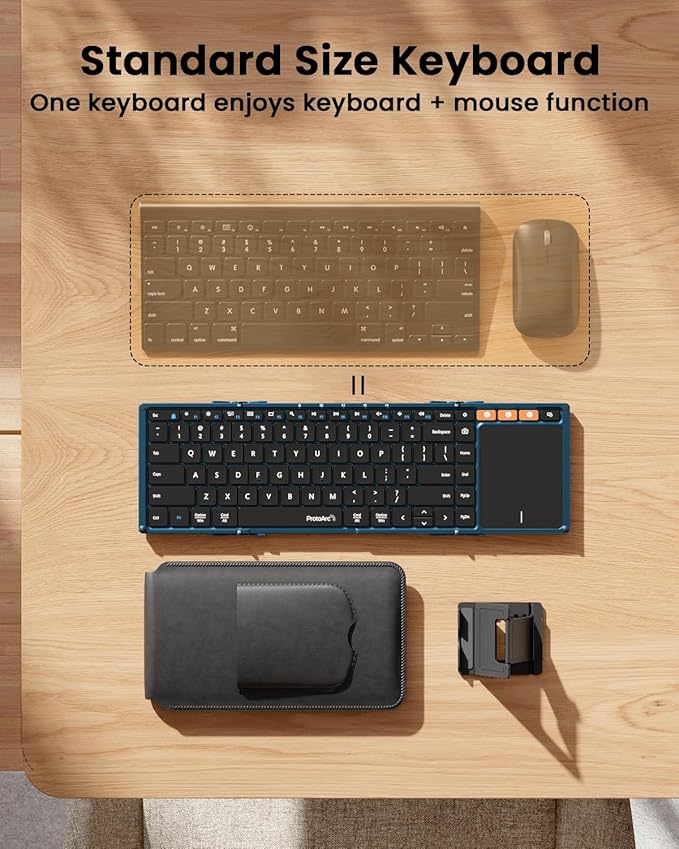 ProtoArc Foldable Keyboard with Touchpad, XK01 TP Folding Portable Keyboard, Full Size Keys, Large Trackpad Bluetooth Travel Keyboards for iPad Laptop PC Tablets - Blue