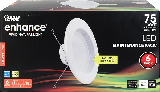 Feit Electric LED Recessed Downlight, fit Most 5-6" Housing Cans, Baffle Trim, Dimmable, 75W Equivalent 10.2W, 925 LM Retrofit kit, 75 Watt, 2700K Soft White, 6-Pack LEDR56B/927CA/MP/6