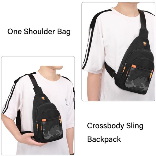 MOSISO Small Sling Backpack Crossbody Sling Bag, Lightweight Hiking Daypack Shoulder Chest Bag with Camouflage Front Pocket, Black