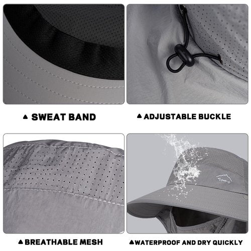 Rosoz Sun Hat for Men Women with Neck Flap,Wide Brim UPF50+ Fishing Hat with Detachable Face Cover Outdoor Sun Protection Hat