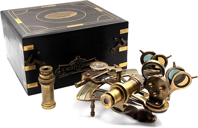 OCEAN REPLICAS J. Scott London Brass Ship History Sextant with Hardwood Box. Vintage Solid Antique Brass Nautical Functional Maritime Sextant | Nautical Navy Decor Gifts