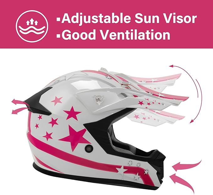 TCT-MOTORPARTS DOT Youth Kids Four Wheeler Girls Riding Helmet Motocross ATV Helmets Offroad Street Dirt Bike Go-Kart BMX MX Full Face Helmet Pink Star X-Large Size