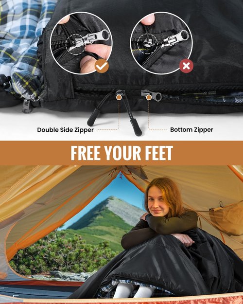 Sportneer Sleeping Bags for Adults, 0 Degree Sleeping Bag XL Flannel Winter Cold Weather Sleeping Bag with Detachable Hood Compression Sack for Camping, Backpacking, Hiking