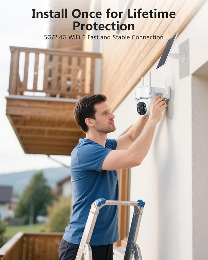 Solar Security Cameras Wireless Outdoor, 5G WiFi Cameras for Home Security, 2K 360° PTZ Battery Powered Outside Cam, 2 Way Talk, Color Night Vision, Human Detection for Porch/Garage/Yard, 2 Packs
