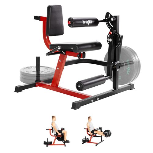 Yes4All Leg Extension and Curl Machine, Adjustable Leg Machine with Plate Loaded, Leg Extension and Curl Bench for Home Gym, Black & Red