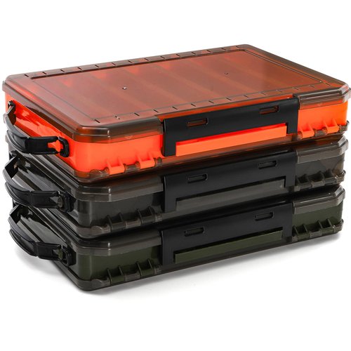 Noamus 3 Pack Double Sided Fishing Lure Boxes, 14 Compartments Fishing Tackle Organizer with 2 Buckle, Plastic Clear Storage Case, Visible Hard Bait Container for Jewelry Beads Earring Hook(3 Color)