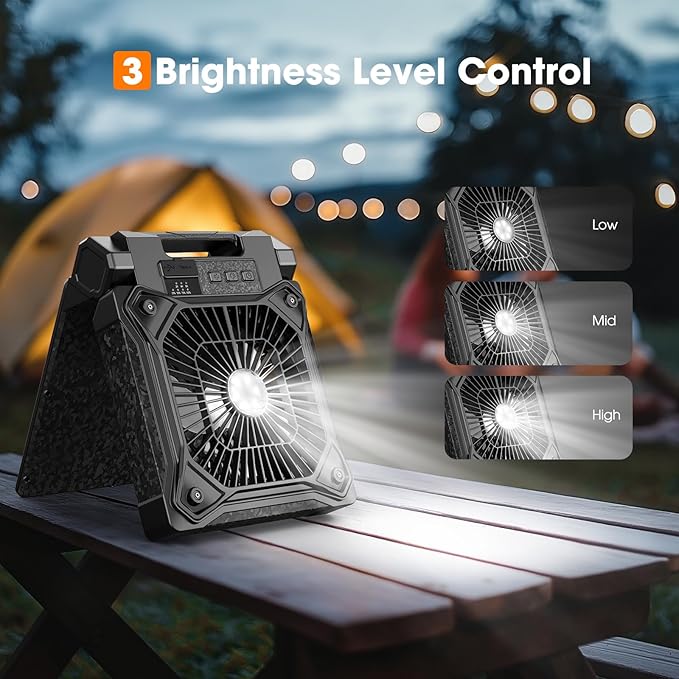 Solar Camping Fan with LED Lantern, 20000mAh Rechargeable Battery Powered with 10W Solar Panel and Emergency Power Bank, Quiet Battery Operated Tent Fan for Picnic, Barbecue, Fishing, Travel
