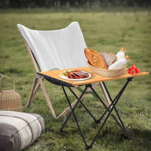 Biqissi Portable Camping Table, Compact Camping Side Table with Carrying Bag, Ultralight Aluminum Beach Table Folding for Hiking, Camping, Picnicking, BBQ, Outdoor Cooking (Wood Medium 22")
