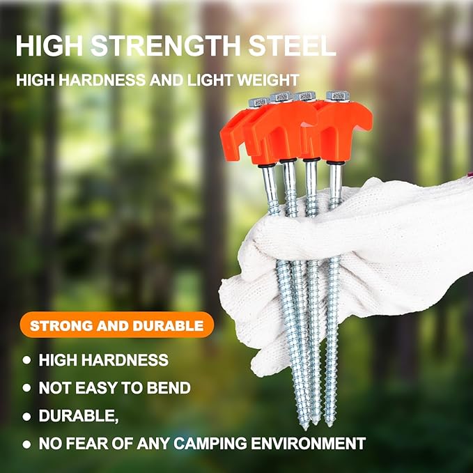 20PCS Camping Tent Stakes Heavy Duty,8 Inch Screw in Tent Stakes Heavy Duty,Nightglow Metal Tent Stakes,with Hex Head Driver,Nail Lifter,Ropes,Orange