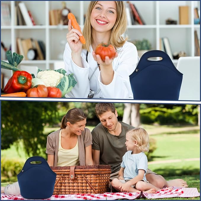 LOVAC Neoprene Lunch Bag, Thick Insulated Lunch Bag - Durable & Waterproof Lunch Tote With Zipper For Outdoor Travel Work (Blue)