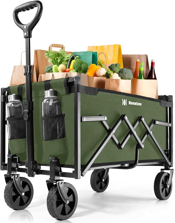 Navatiee Portable Foldable Collapsible Wagon with Wheels, 220lbs Weight Capacity Utility Grocery Shopping Cart, Lightweight Mini Folding Wagon for Outdoor, ArmyGreen
