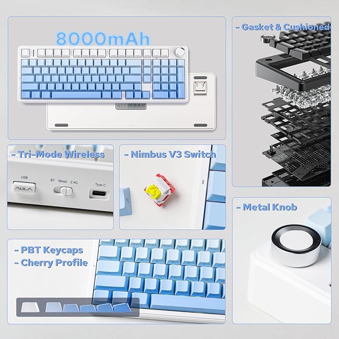 EPOMAKER X Aula F99 PRO Wireless Gaming Keyboard with 8000mAh Battery, Hot Swappable Creamy Keyboard, 2.4GHz/Type-C/BT5.0, NKRO, RGB Backlit for Win/Mac/Gaming (Blue Gradient)