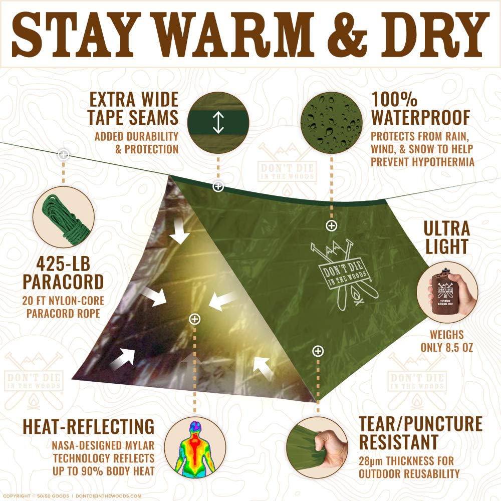 World's Toughest Ultralight Survival Tent • 2 Person Mylar Emergency Shelter Tube Tent + Paracord • Year-Round All Weather Protection for Hiking, Camping, & Outdoor Survival Kits