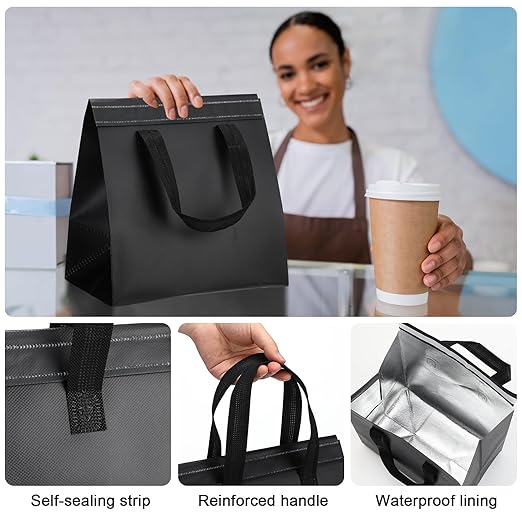 50 Pcs Insulated Take Away Bags Bulk Thermal Insulation Food for Coffee Milk Tea Hot Cold Food Fresh Seafood Cooler Pizza Delivery Bags for Catering Restaurant Grocery (Black)