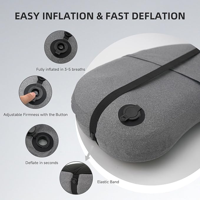 Ultralight Camping Pillow Inflatable with Removable Washable Cover, Compact Travel Pillow for Neck Support, Hiking, Backpacking, Office, Airplane, Car & Beach - Adjustable Firmness (Black)