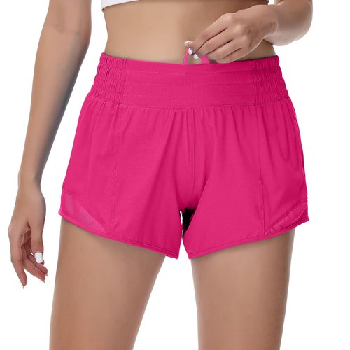 MCEDAR Women's Running Shorts High Waisted Lined 4"，Lightweight Active Workout Quick Dry Gym Athletic Sports Shorts Zip Pocket Hot Pink,6/S