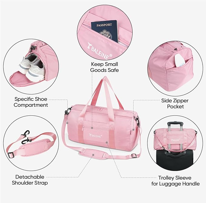 BALEINE Gym Bag for Women and Men, Duffel Bag for Sports, Gyms and Weekend Getaway, Waterproof Dufflebag with Shoe and Wet Clothes Compartments, Lightweight Carryon Gymbag (Pink)